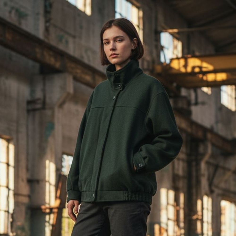 Vintage Woolrich Women's Hunter Green 100% Wool Bomber Jacket Size M Funnel Neck